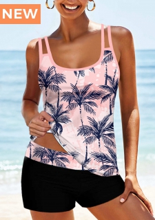 ROTITA Pink Tropical Plants Print Tankini Top