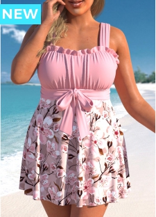 ROTITA Plus Size Frill Floral Print Pink Swimdress Top