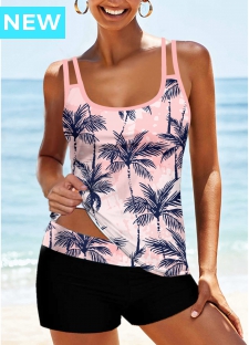 ROTITA Pink Tropical Plants Print Tankini Top