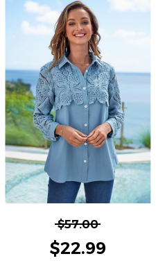 ROTITA Lace Stitching Faux Denim Turndown Collar Blouse