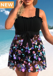 ROTITA Plus Size Frill Floral Print Black Swimdress Top