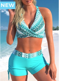 ROTITA Criss Cross Cyan Tribal Print Bikini Top