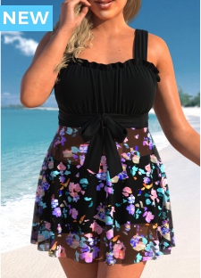 ROTITA Plus Size Frill Floral Print Black Swimdress Top