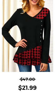 ROTITA Button Embellished Plaid Print V Neck T Shirt