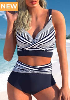 ROTITA Criss Cross Navy Striped Bikini Top