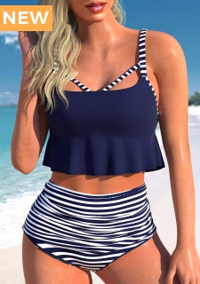 ROTITA Cut Out Navy Striped Bikini Top