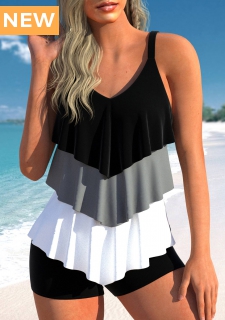 ROTITA Handkerchief Hem Contrast Black Tankini Top