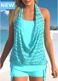 ROTITA Lace Tie Side Cyan Tankini Top