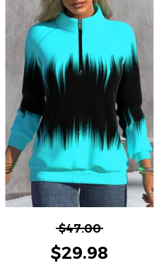ROTITA Zipper Ombre Cyan High Neck Long Sleeve Sweatshirt