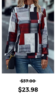 Zipper Geometric Print Deep Red High Neck Sweatshirt