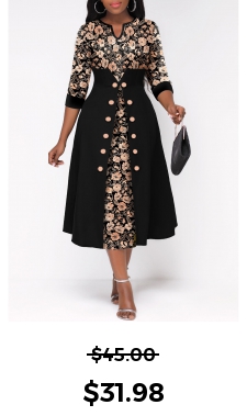 ROTITA Button Random Floral Print Black Split Neck Dress