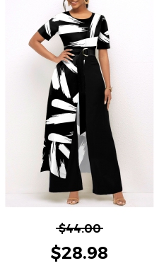 ROTITA Pocket Brush Stroke Print Belted Black Jumpsuit