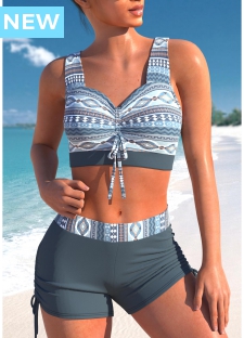 ROTITA Criss Cross Dusty Blue Tribal Print Bikini Top