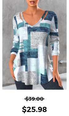 ROTITA Cut Out V Neck Geometric Print Blue T Shirt