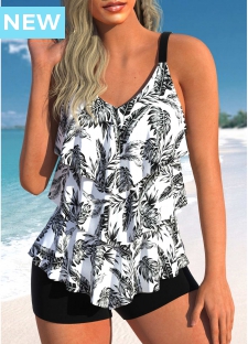 ROTITA Layered White Leaf Print Tankini Top