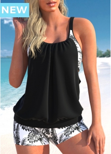 ROTITA Fake 2in1 Black Leaf Print Tankini Top