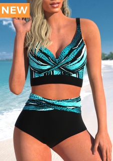 ROTITA Criss Cross Cyan Striped Bikini Top