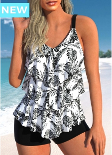 ROTITA Layered White Leaf Print Tankini Top