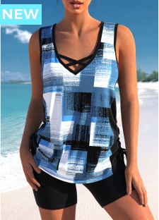 ROTITA Criss Cross Denim Blue Geometric Print Tankini Top