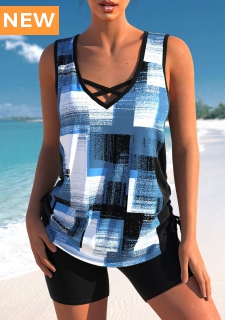 ROTITA Criss Cross Denim Blue Geometric Print Tankini Top