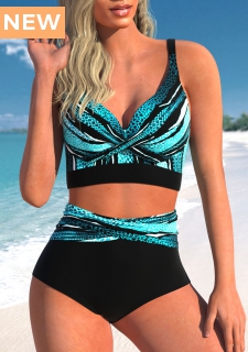 ROTITA Criss Cross Cyan Striped Bikini Top