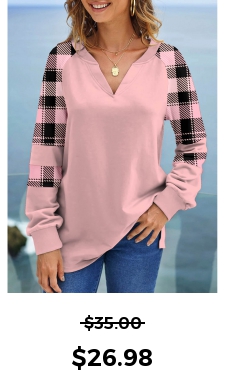 ROTITA Tartan Print Light Pink V Neck Sweatshirt