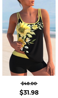 ROTITA Sunflower Print Double Straps Yellow Tankini Set