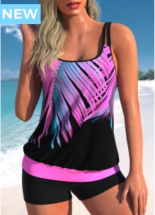 ROTITA Rose Pink Leaf Print Tankini Top