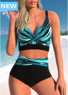 ROTITA Criss Cross Cyan Striped Bikini Top