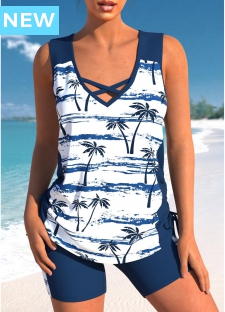 ROTITA Criss Cross Navy Tropical Plants Print Tankini Top