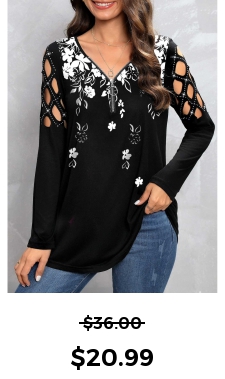 ROTITA Zipper Floral Print Black V Neck T Shirt