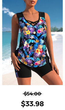 ROTITA Floral Print Cross Strap Black Tankini Set