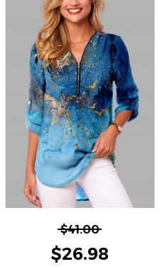 ROTITA Blue Quarter Zip Scape Print Blouse