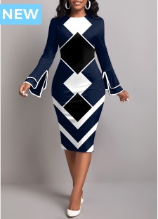ROTITA Contrast Binding Geometric Print Navy Bodycon Dress