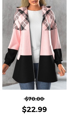 ROTITA Zipper Plaid Light Pink Hooded Long Sleeve Jacket