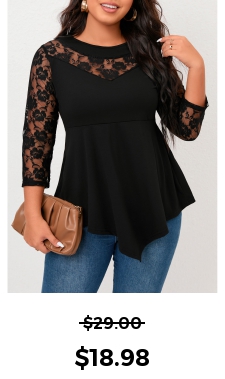 Plus Size Lace Stitching Black Asymmetric Hem T Shirt