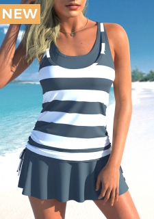 ROTITA Fake 2in1 Dark Grey Striped Tankini Top