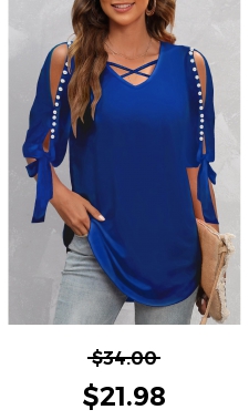 ROTITA Pearl Design Dark Blue Cold Shoulder T Shirt