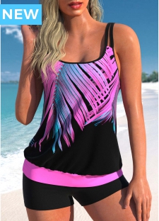 ROTITA Rose Pink Leaf Print Tankini Top