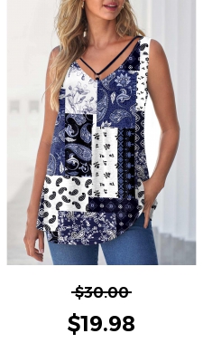 ROTITA Paisley Print Ring Detail Navy Blue Tank Top