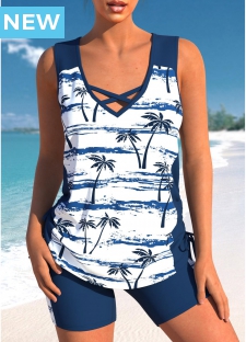ROTITA Criss Cross Navy Tropical Plants Print Tankini Top