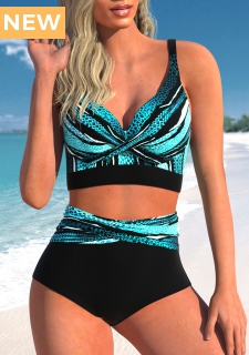 ROTITA Criss Cross Cyan Striped Bikini Top