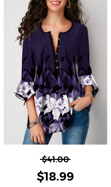 ROTITA Flare Cuff Floral Print Crinkle Chest Blouse