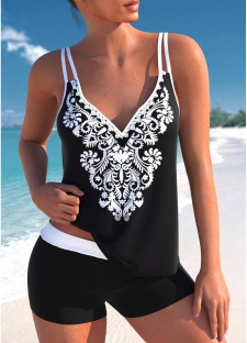 ROTITA Black Double Straps Tribal Print Tankini Top