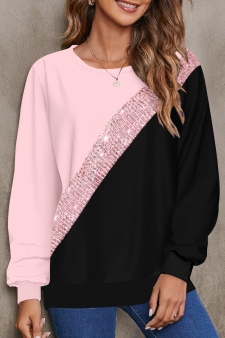 ROTITA Patchwork Pink Round Neck Long Sleeve Sweatshirt