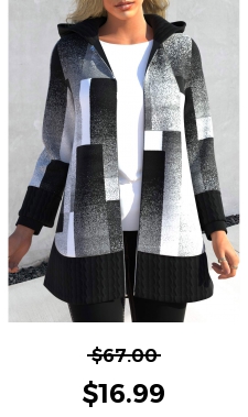 ROTITA Patchwork Geometric Print Black Hooded Long Sleeve Coat