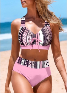 ROTITA Drawstring Pink Tribal Print Bikini Top