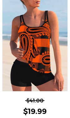 ROTITA Plaid Paisley Print Double Straps Mid Waist Tankini Set 