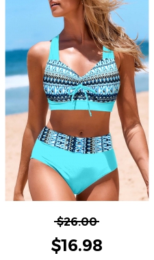 ROTITA Criss Cross Cyan Geometric Print Bikini Top