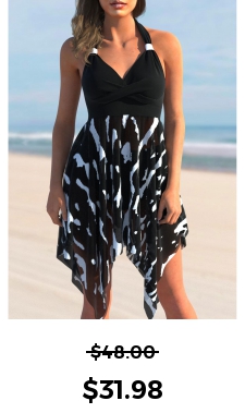 ROTITA Asymmetric Hem Brushstroke Print Color Block Swimdress Top